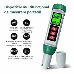 Tester apa 5 in 1 digital pH EC TDS salinitate temperatura | aparat profesional verificare calitate apa